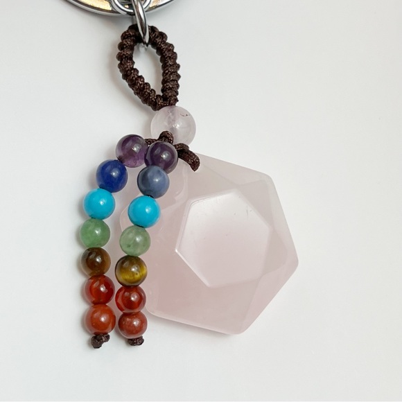 Natural Rose Quartz Hexagon Stone with Rainbow Chakra Keychain Charm - Picture 10 of 14